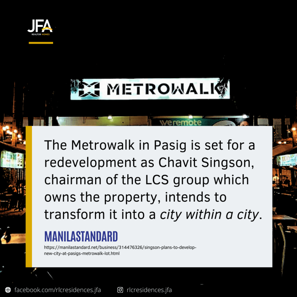 Chavit Singson is set to develop a ‘new city’ in the former location of Metrowalk in&nbsp;Pasig